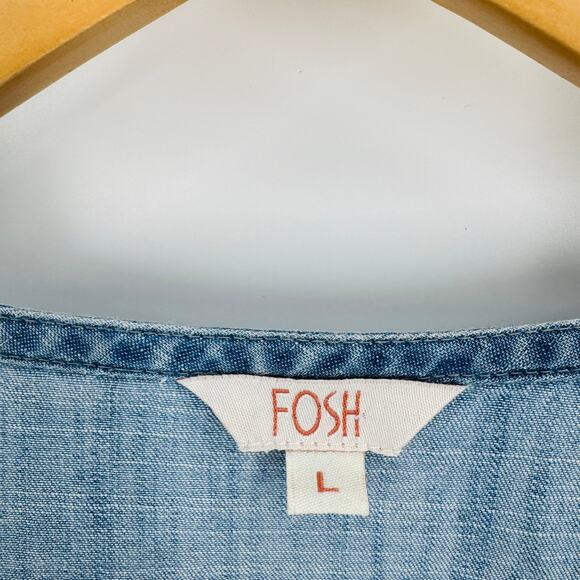 Boutique Fosh Chambray Peplum Blouse Long Bell Sleeve V-Neck Denim Top Size L - Picture 3 of 7